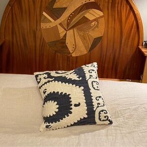 Arhaus Deep Dark Blue and Creamy White Embroidered Pillow